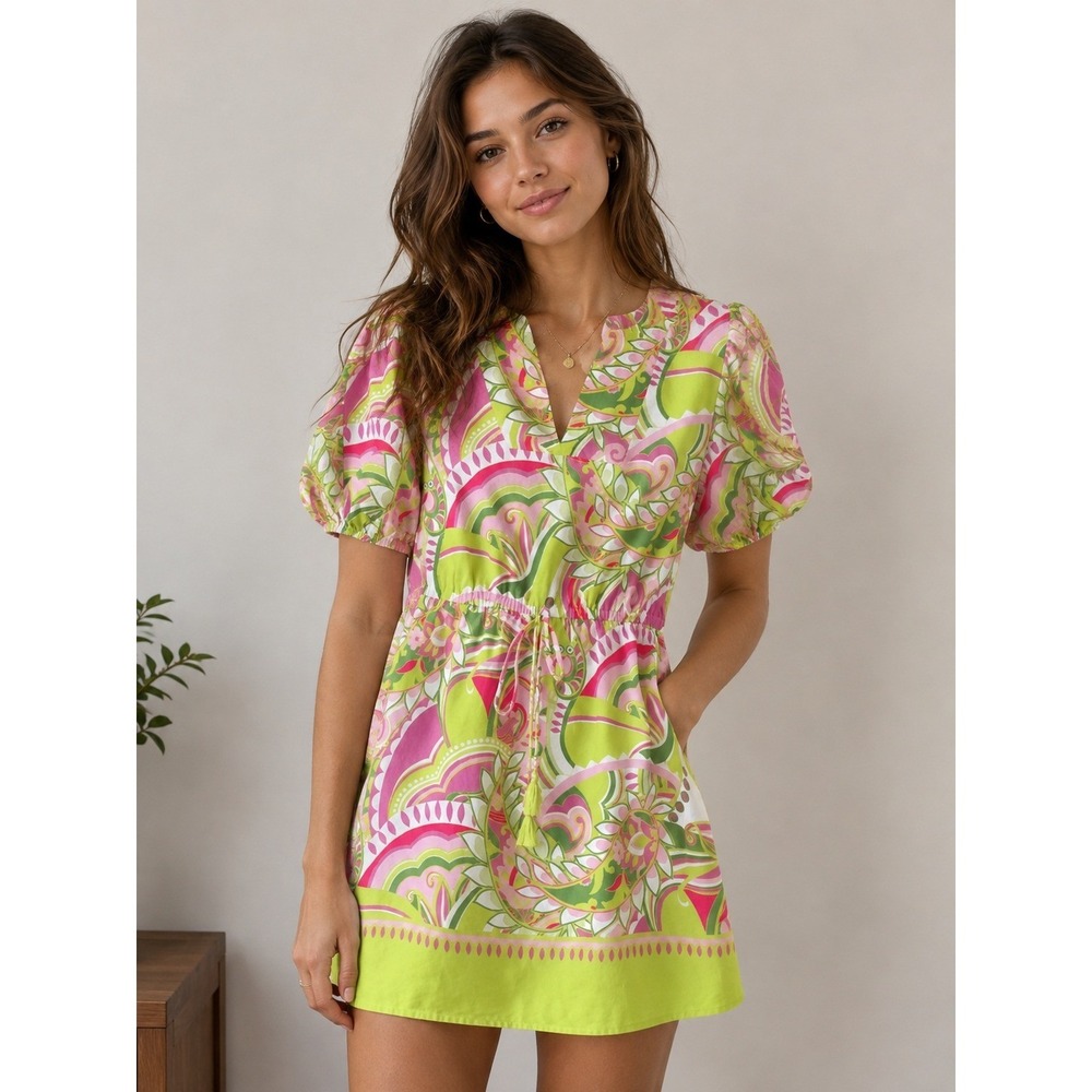 Chloe + Rene Womens Small Paisley Shift Dress Pink Green Tassel Tie Boho
